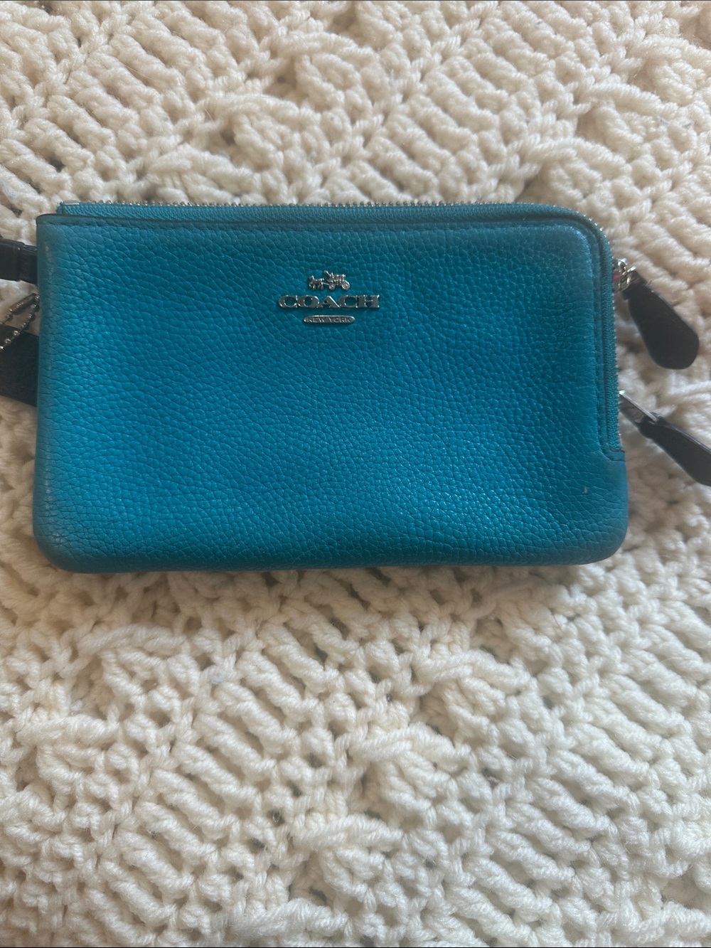 COACH Teal Pebbled Leather Double Zip Wristlet
